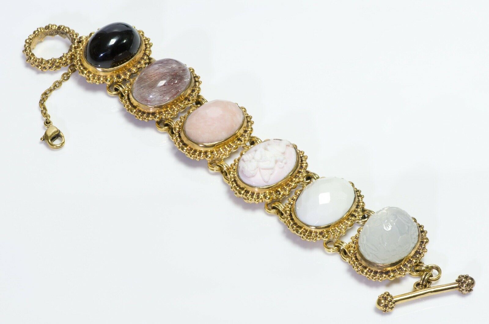 Stephen Dweck Carved Angel Cherub Semiprecious Cabochon Stone Chain Bracelet