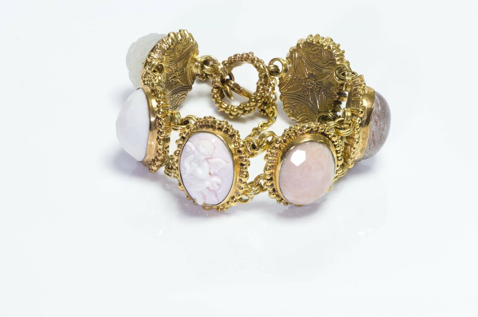 Stephen Dweck Carved Angel Cherub Semiprecious Cabochon Stone Chain Bracelet