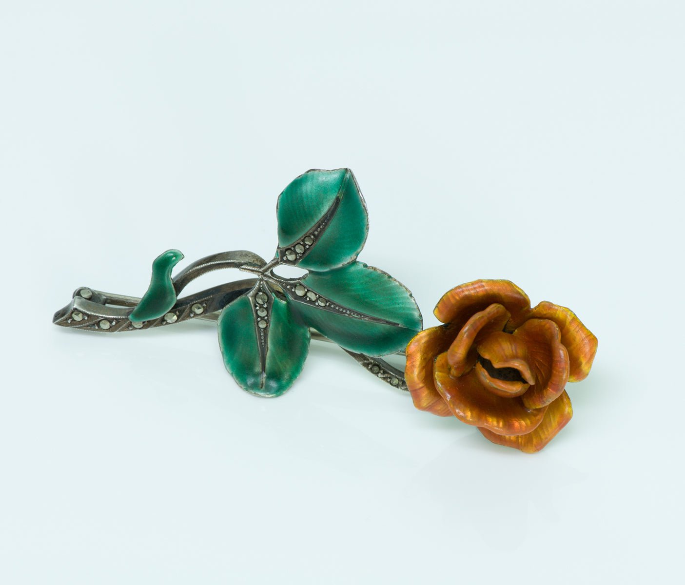Sterling Silver Enamel Marcasite Flower Vintage Brooch