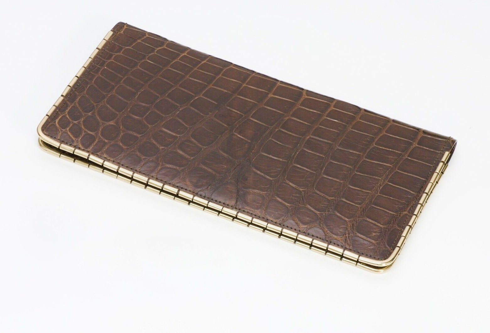 SULKA New York Glossy Brown Crocodile 14K Gold Corners Long Bifold Wallet