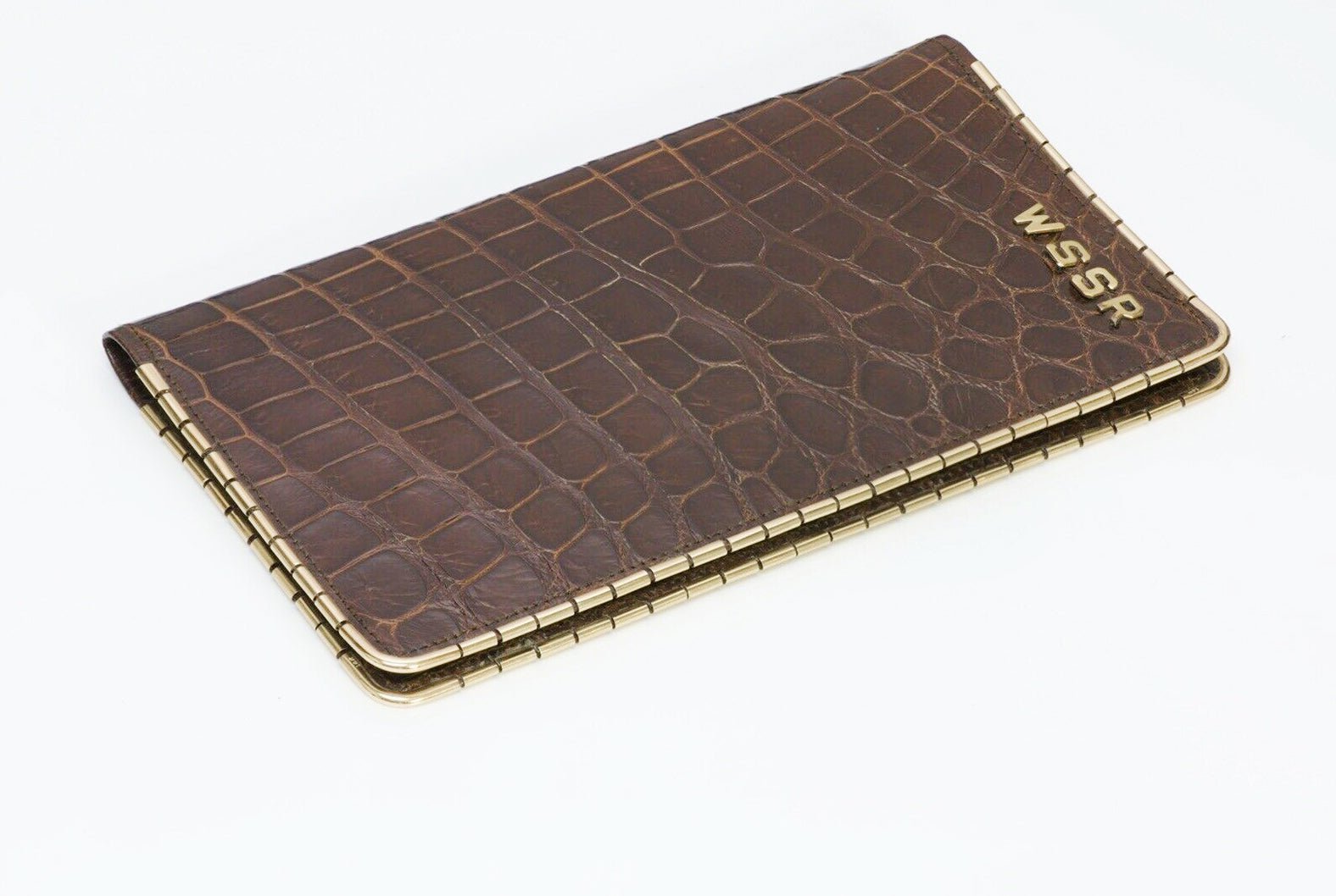 SULKA New York Glossy Brown Crocodile 14K Gold Corners Long Bifold Wallet