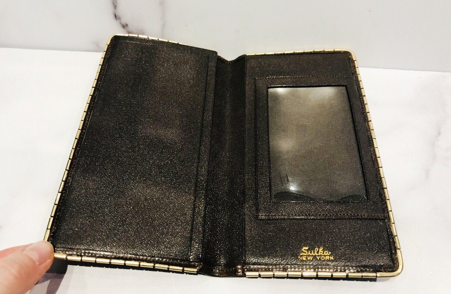 SULKA New York Glossy Brown Crocodile 14K Gold Corners Long Bifold Wallet