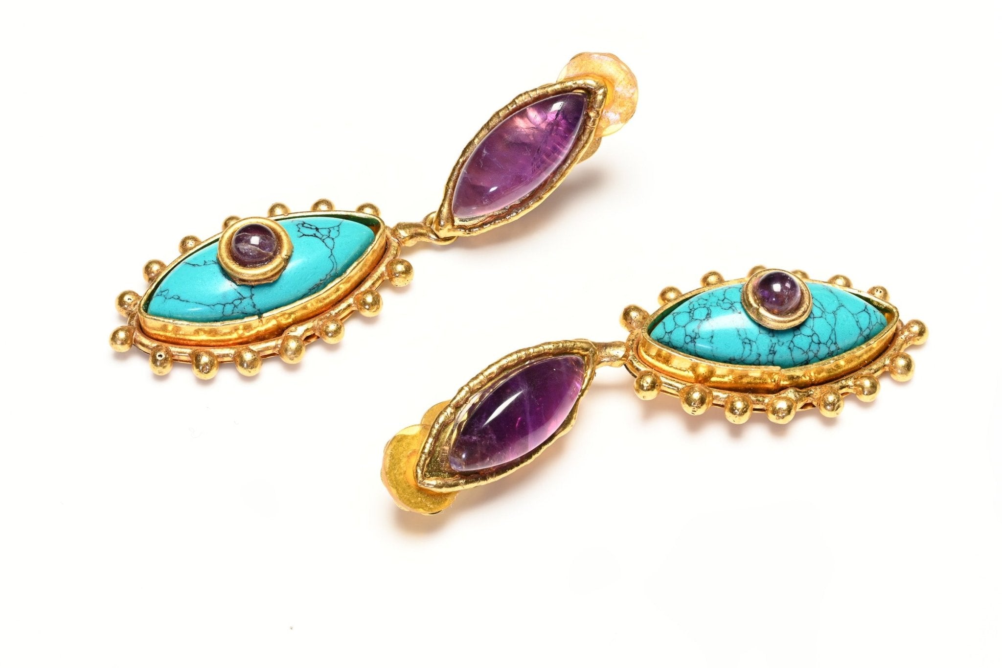 Sylvia Toledano Paris Third Eye Gold Plated Turquoise Amethist Drop Earrings