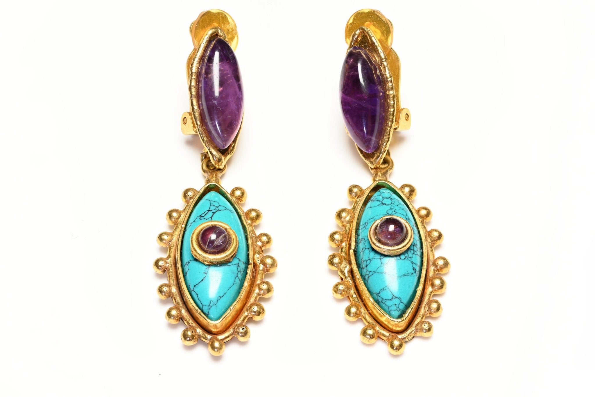 Sylvia Toledano Paris Third Eye Gold Plated Turquoise Amethist Drop Earrings