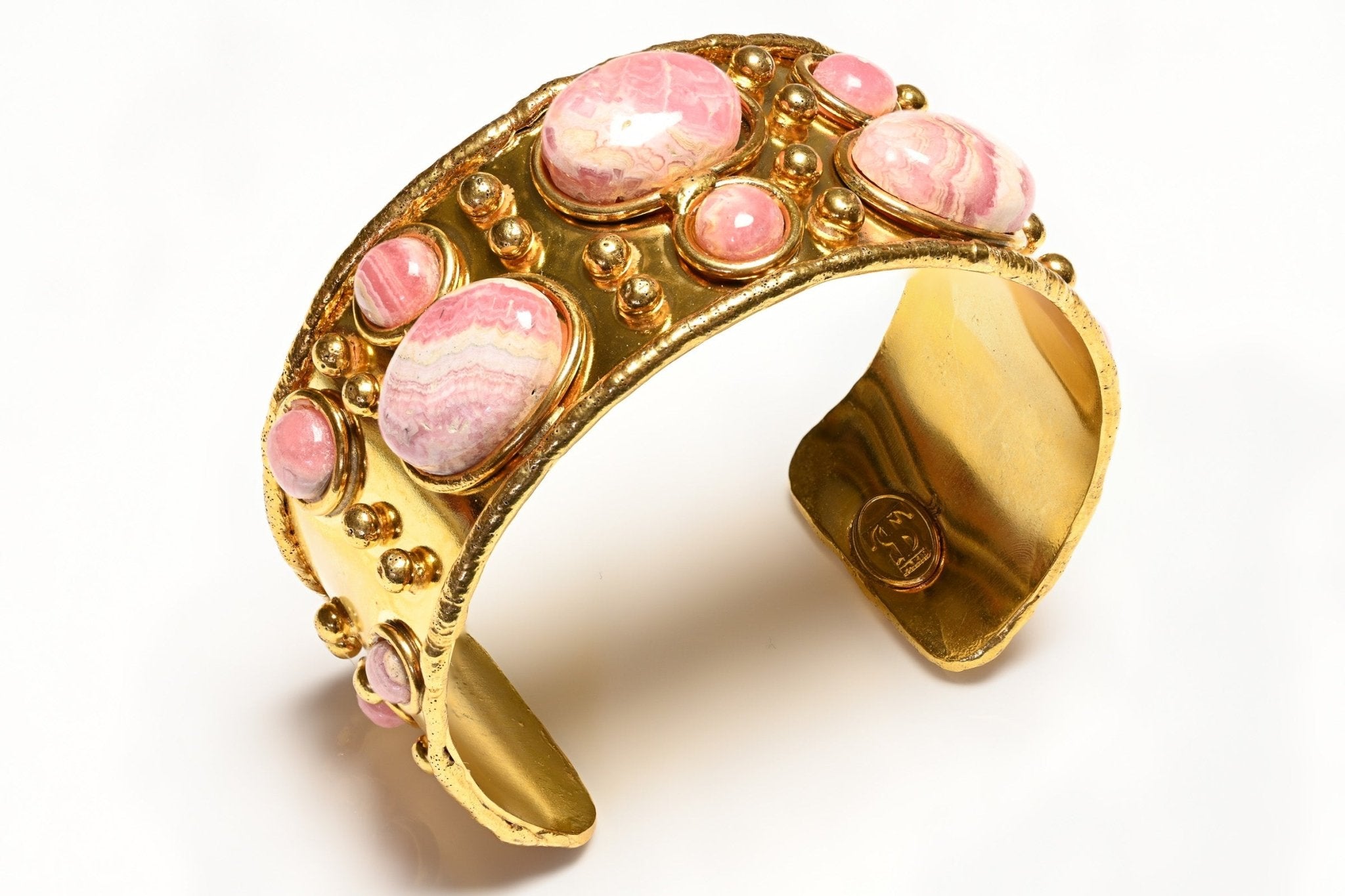 Sylvia Toledano Paris Gold Plated Byzantine Pink Jade Cuff Bracelet