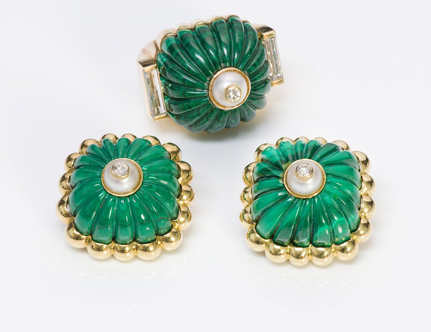 Tambetti Malachite 18K Gold Diamond Ring Earrings