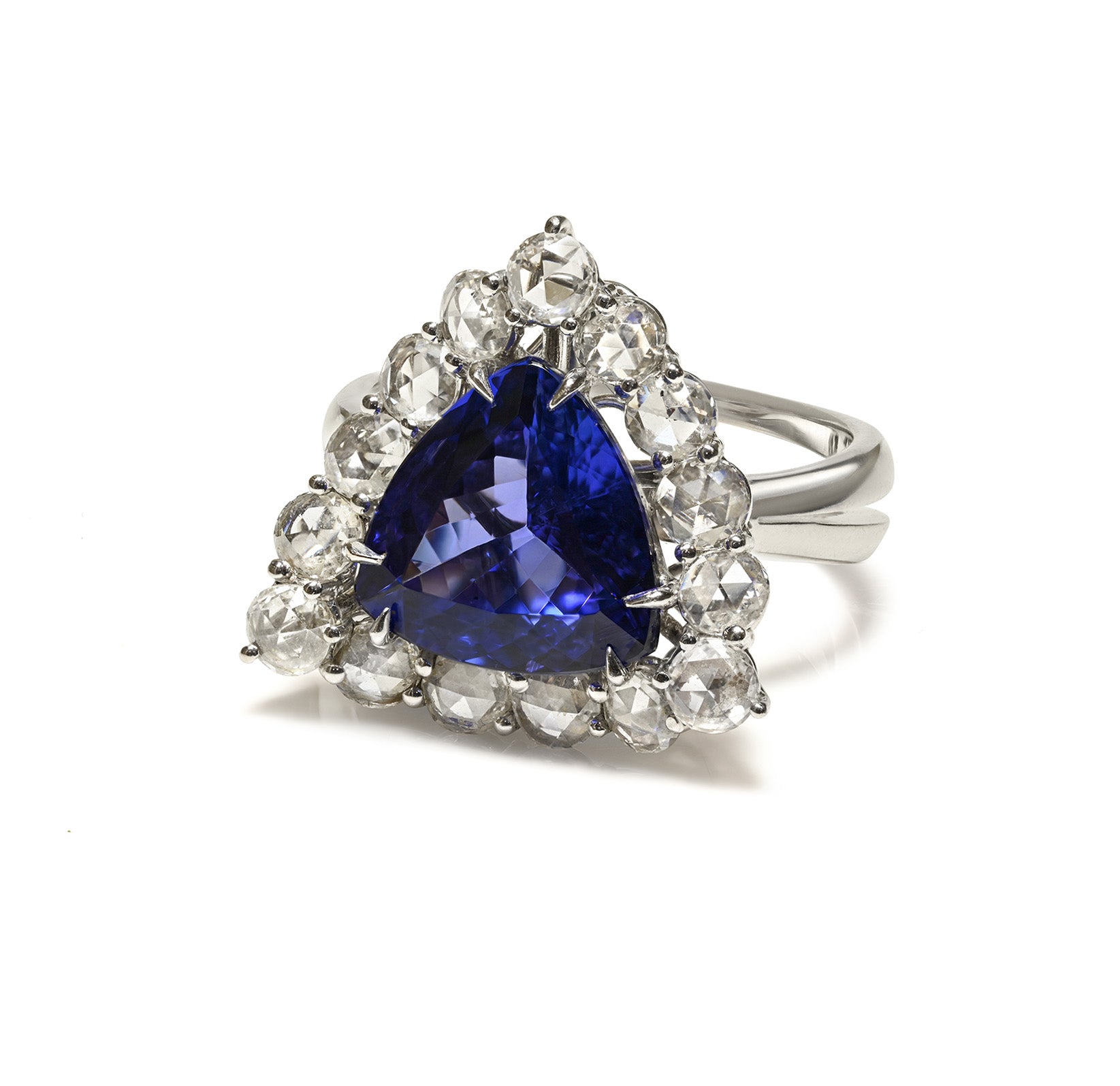 Trillion-Cut Tanzanite 18K Gold Ring with Rose-Cut Diamonds