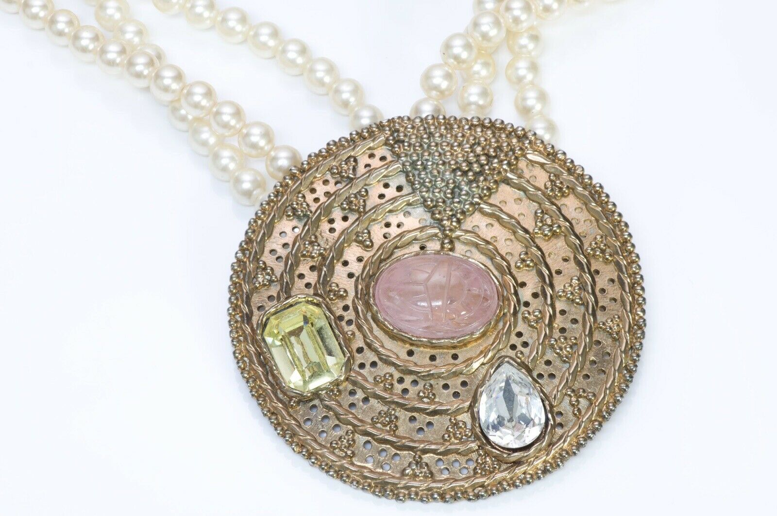 Tess Sholom Designs 1970’s Multi Strand Pearl Pink Glass Scarab Necklace