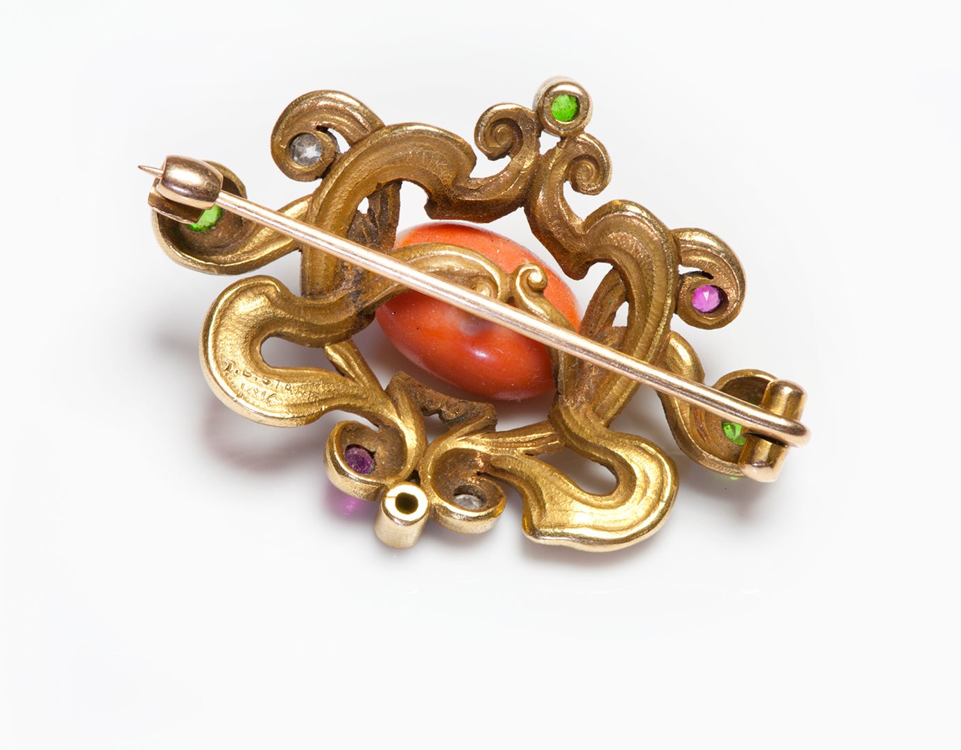 Theodore B. Starr Art Nouveau 18K Gold Coral Diamond Demantoid Ruby Brooch