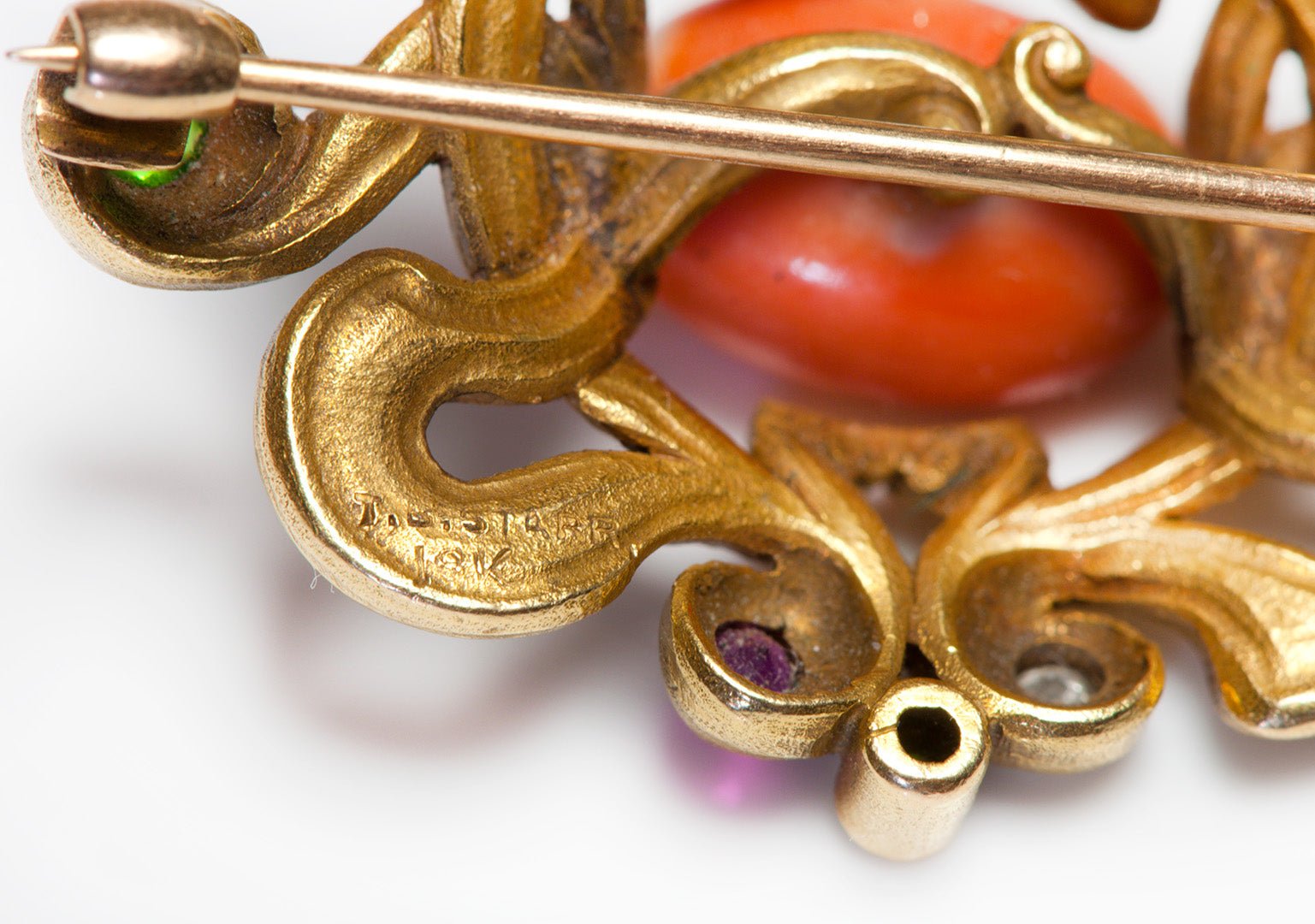 Theodore B. Starr Art Nouveau 18K Gold Coral Diamond Demantoid Ruby Brooch