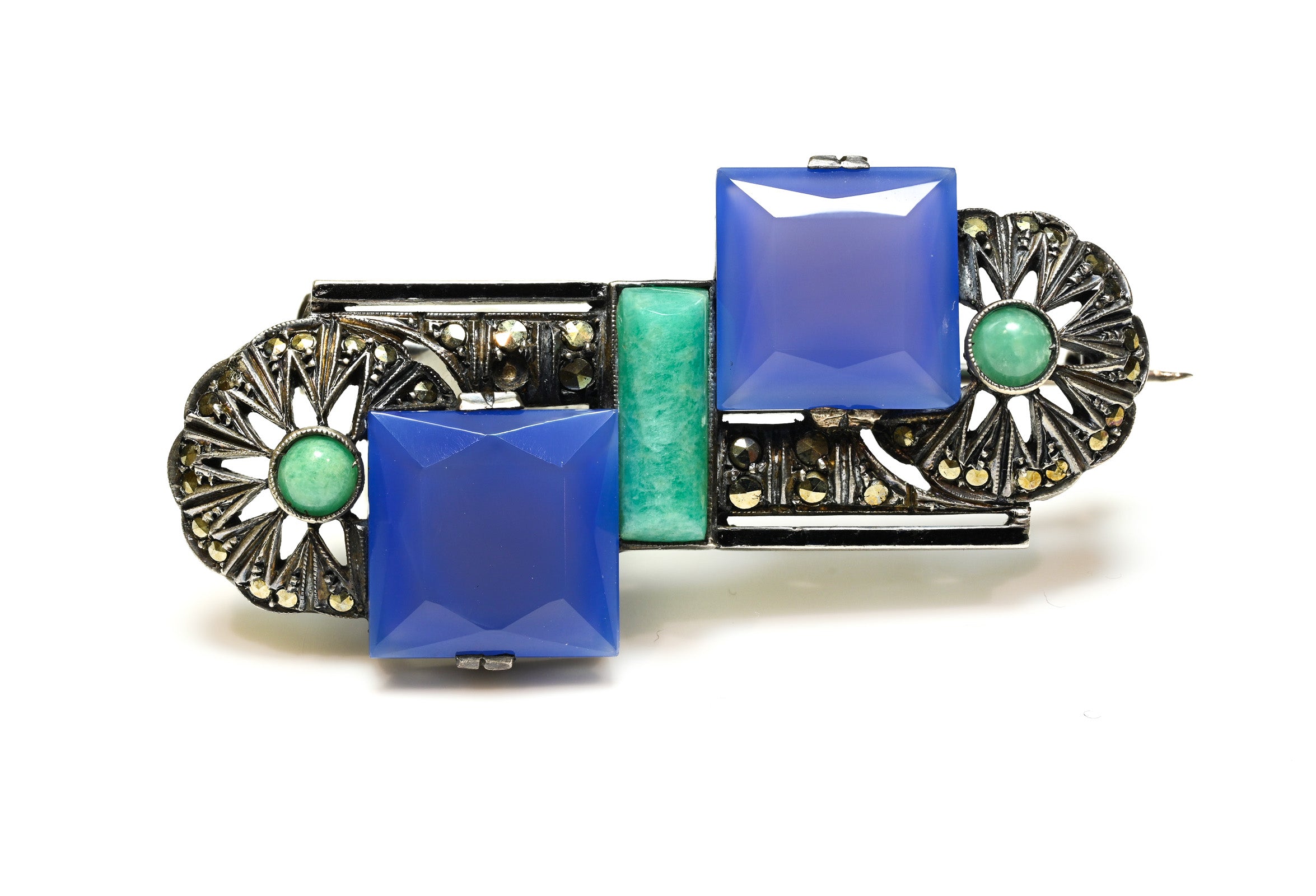 Theodor Fahrner Art Deco Marcasite Silver Chalcedony Amazonite Brooch