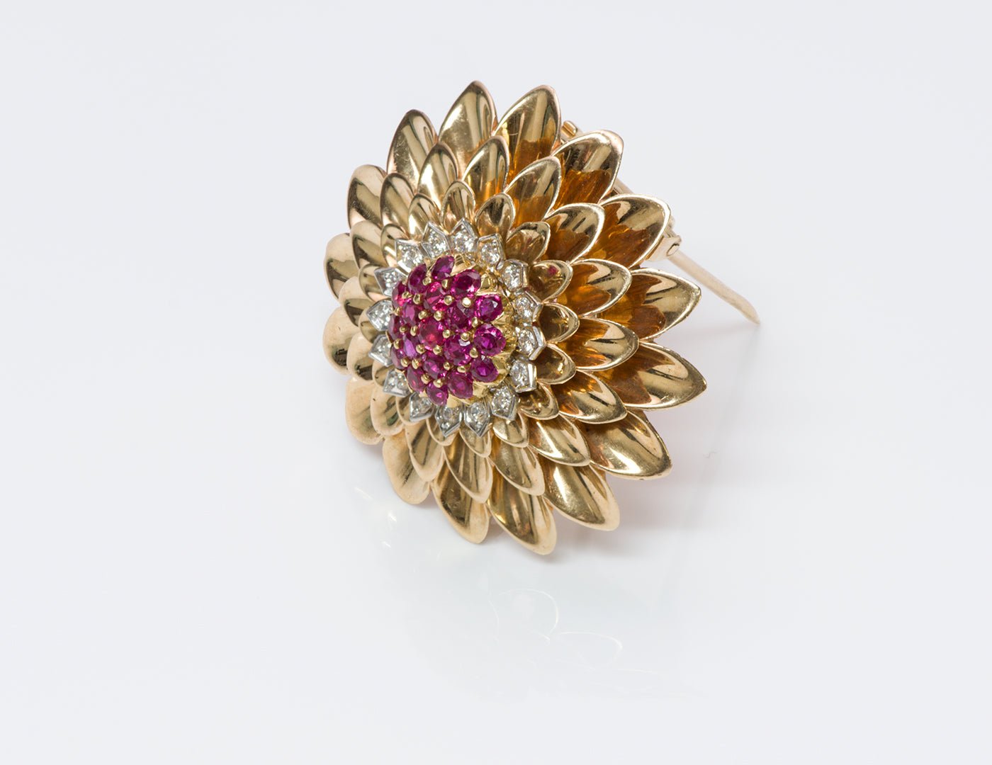 Tiffany & Co. 14K Gold Ruby Diamond Flower Brooch