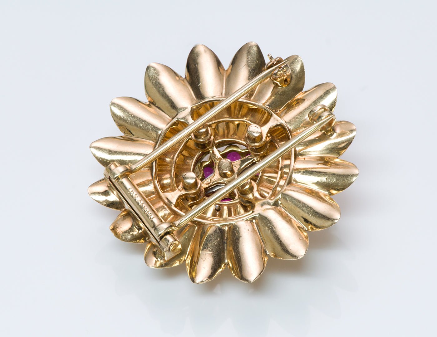 Tiffany & Co. 14K Gold Ruby Diamond Flower Brooch