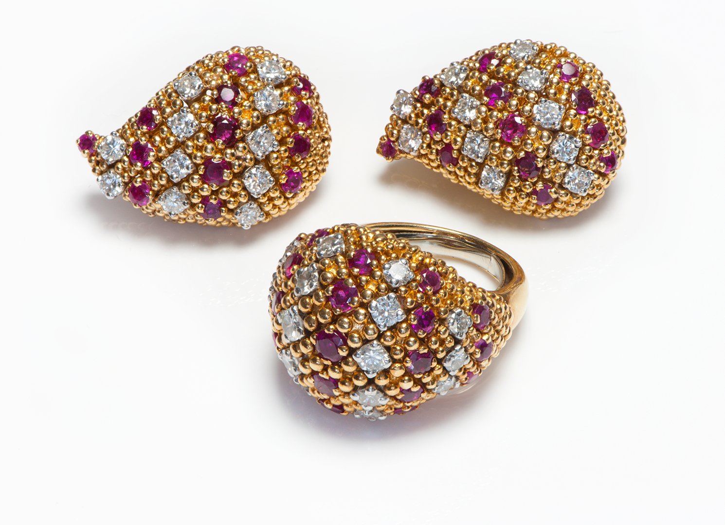 Tiffany & Co. 18K Gold Diamond Ruby Earrings Ring Set