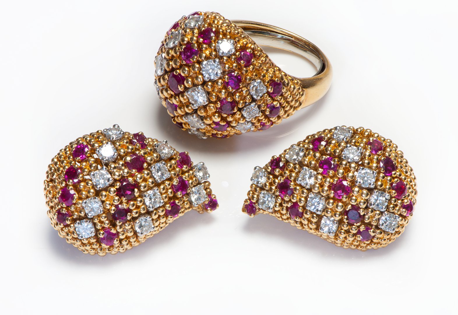Tiffany & Co. 18K Gold Diamond Ruby Earrings Ring Set