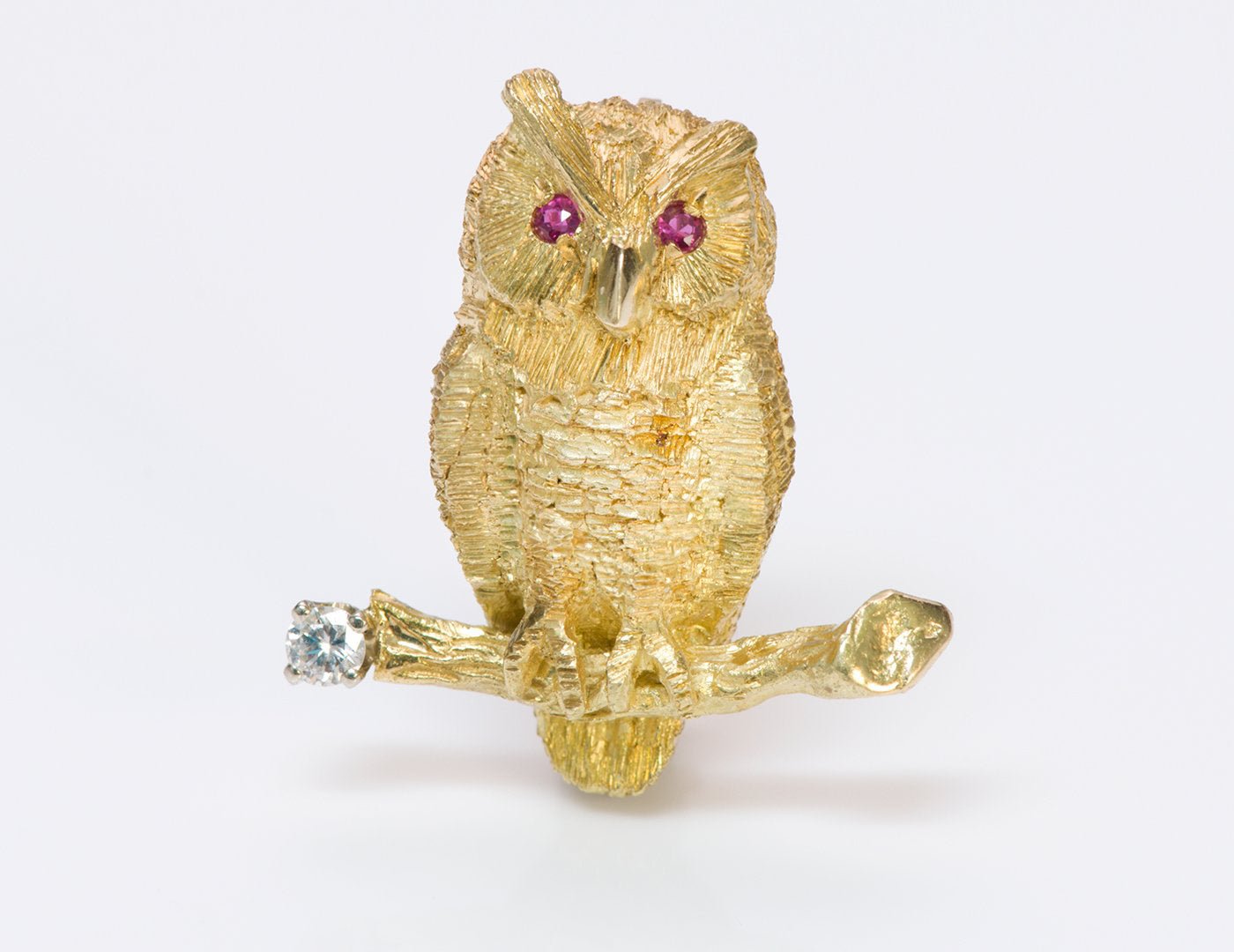 Tiffany & Co. 18K Gold Diamond Ruby Owl Brooch Pin