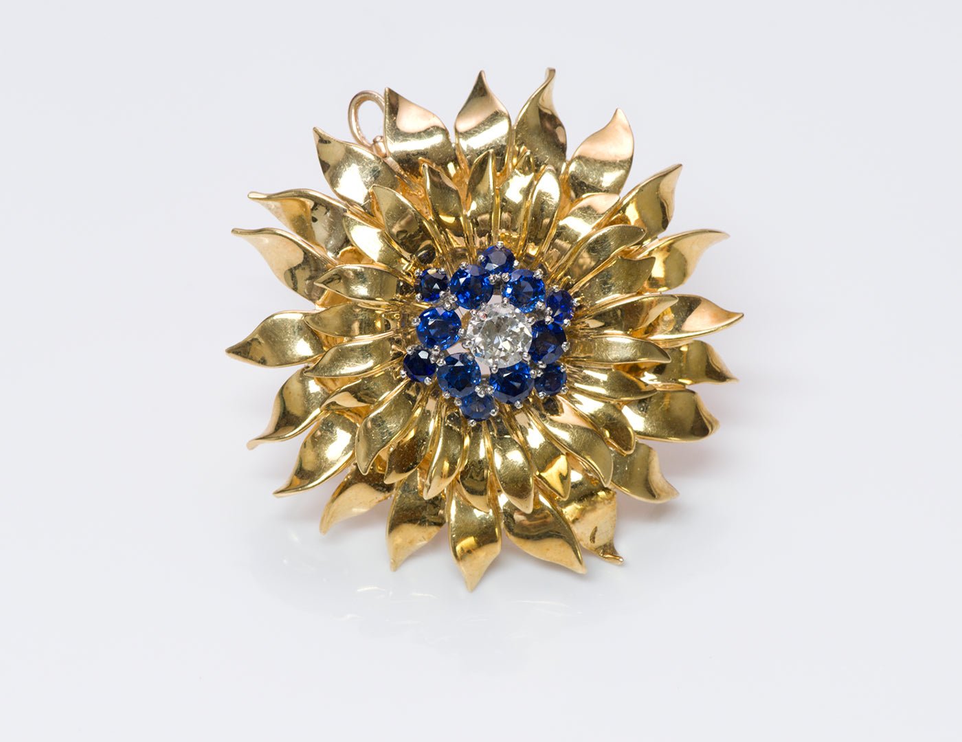 Tiffany & Co. 18K Gold Diamond Sapphire Flower Pendant Brooch