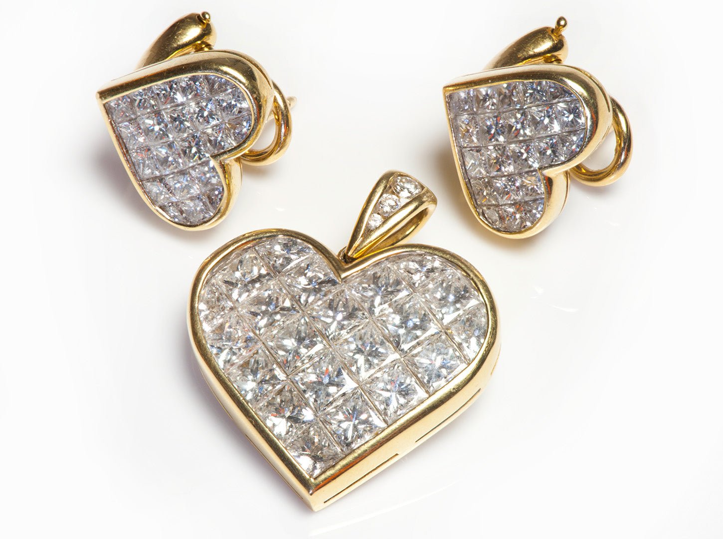 Tiffany & Co. 18K Gold Radiant Diamond Heart Pendant Earrings