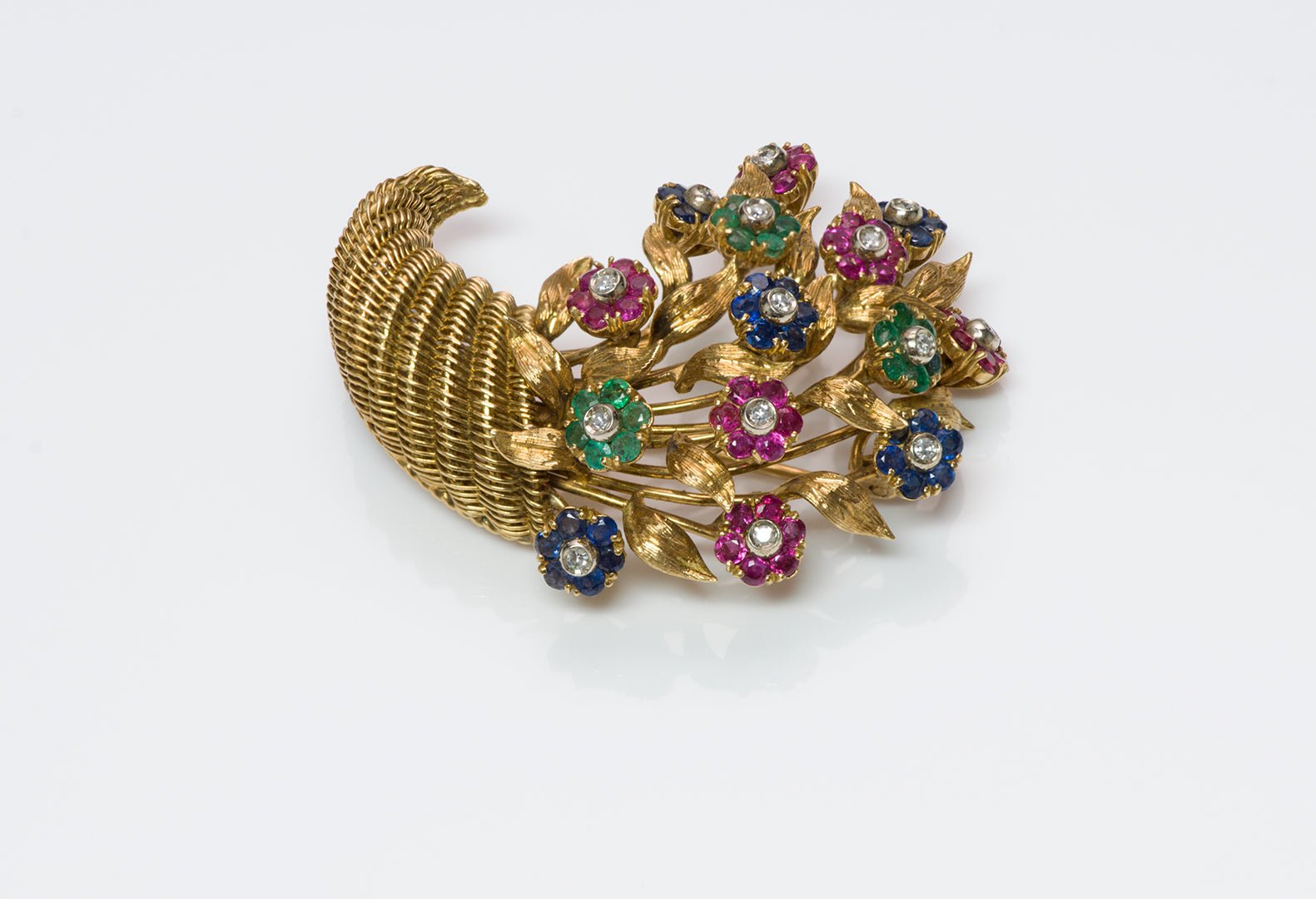 Tiffany & Co. 18K Gold Ruby Emerald Sapphire Diamond Tremblant Cornucopia Brooch