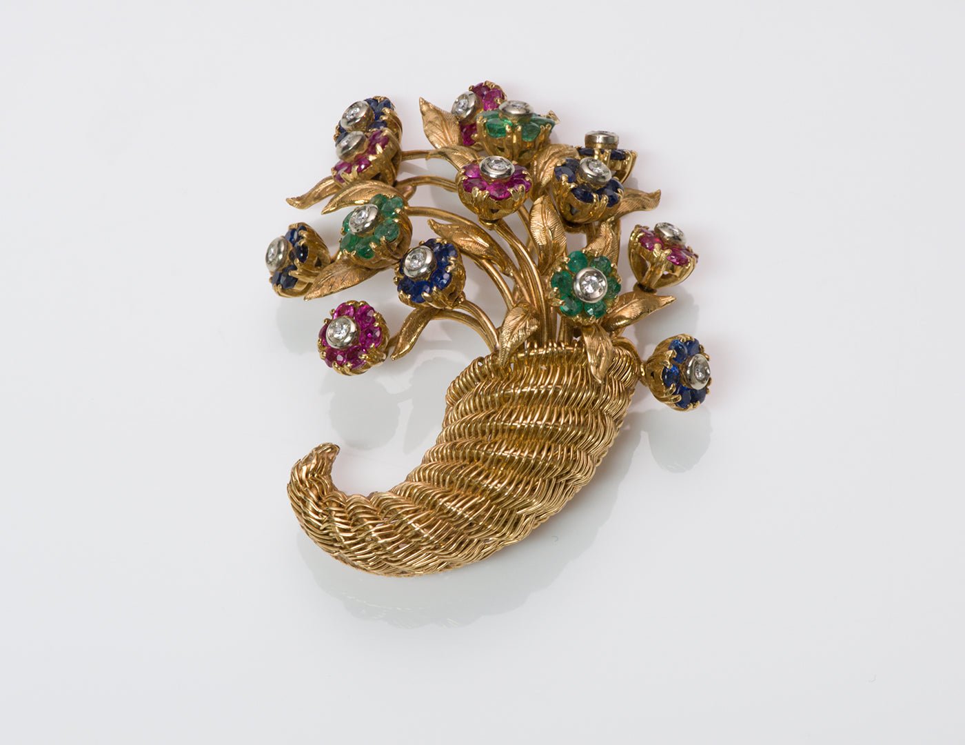 Tiffany & Co 18K Gold Ruby Emerald Sapphire Diamond Tremblant Cornucopia Brooch