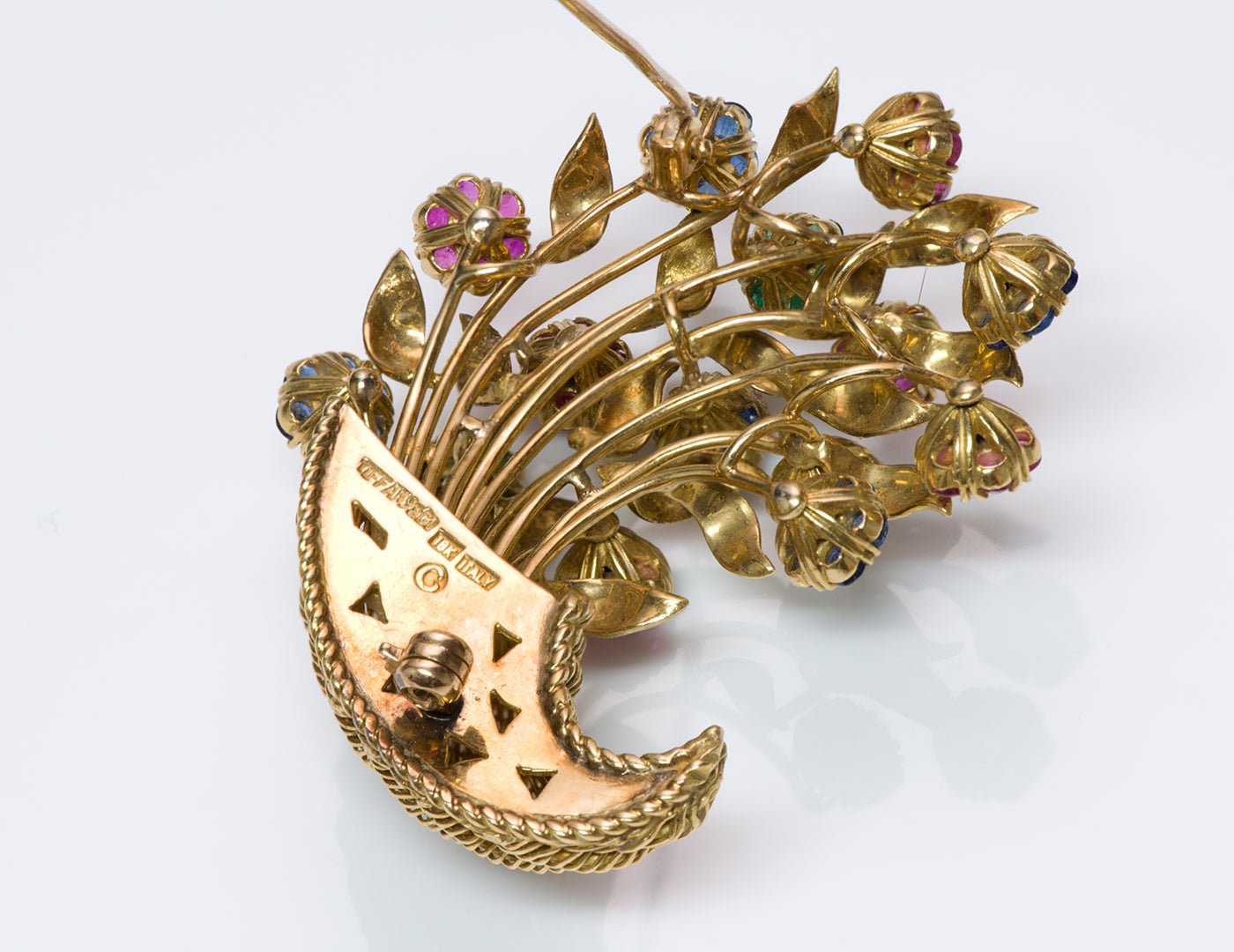 Tiffany & Co. 18K Gold Ruby Emerald Sapphire Diamond Tremblant Cornucopia Brooch
