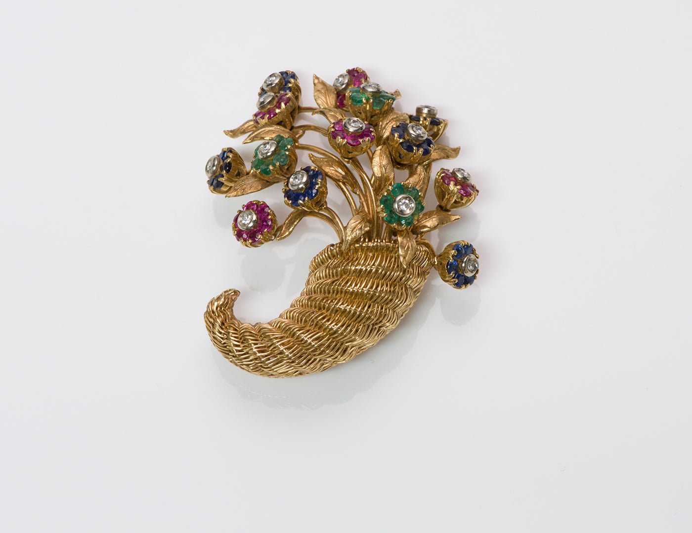 Tiffany & Co 18K Gold Ruby Emerald Sapphire Diamond Tremblant Cornucopia Brooch