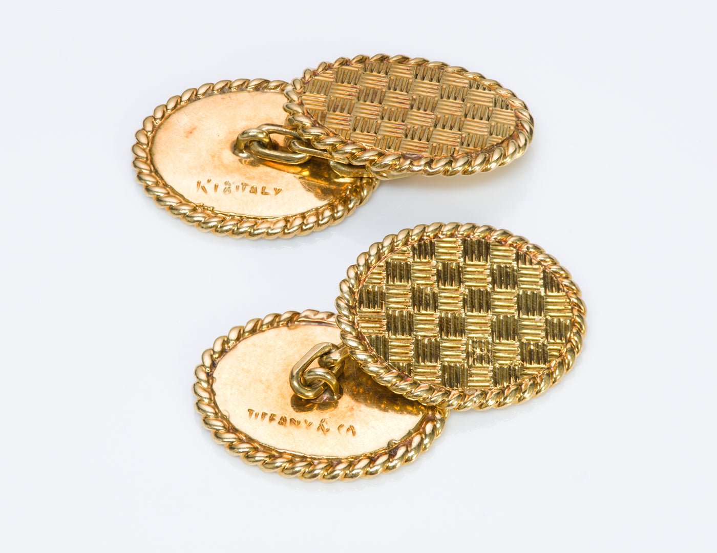 Tiffany & Co. 18K Yellow Gold Basket Weave Cufflink Stud Set