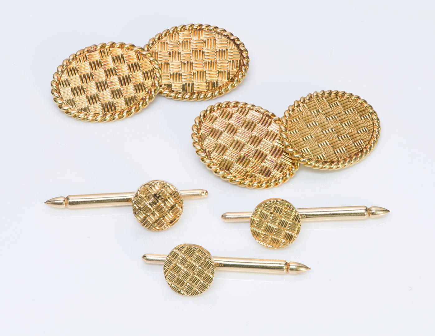 Tiffany & Co. 18K Yellow Gold Basket Weave Cufflink Stud Set