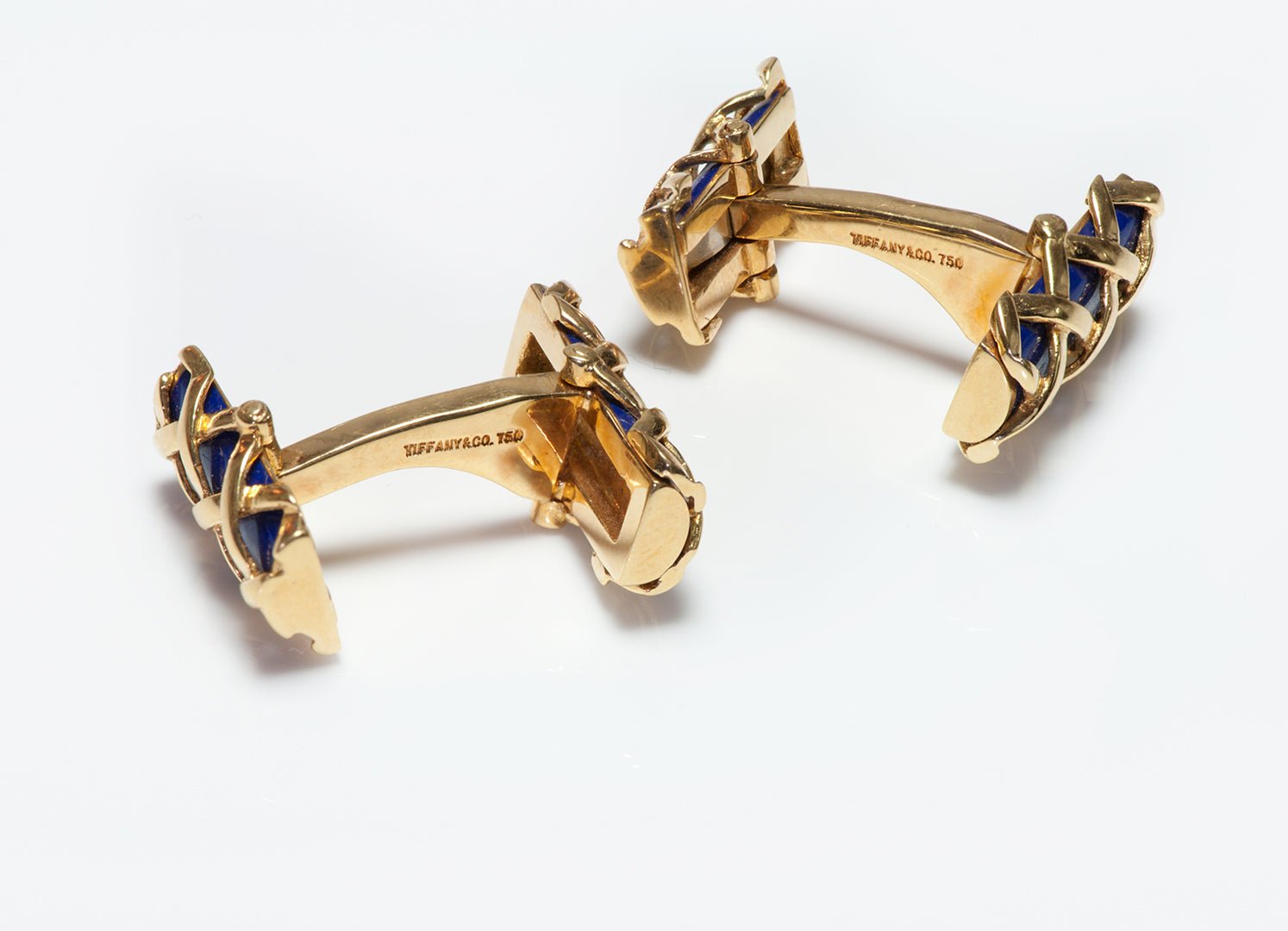Tiffany & Co. 18K Yellow Gold Lapis Criss Cross Bar Cufflinks