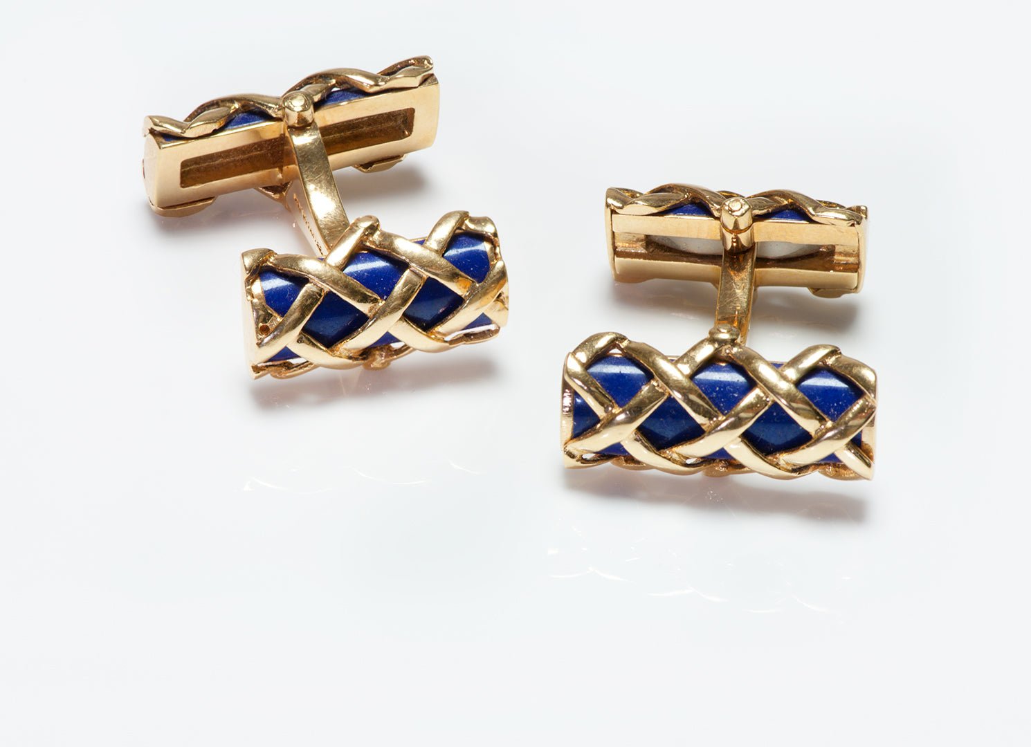 Tiffany & Co. 18K Yellow Gold Lapis Criss Cross Bar Cufflinks