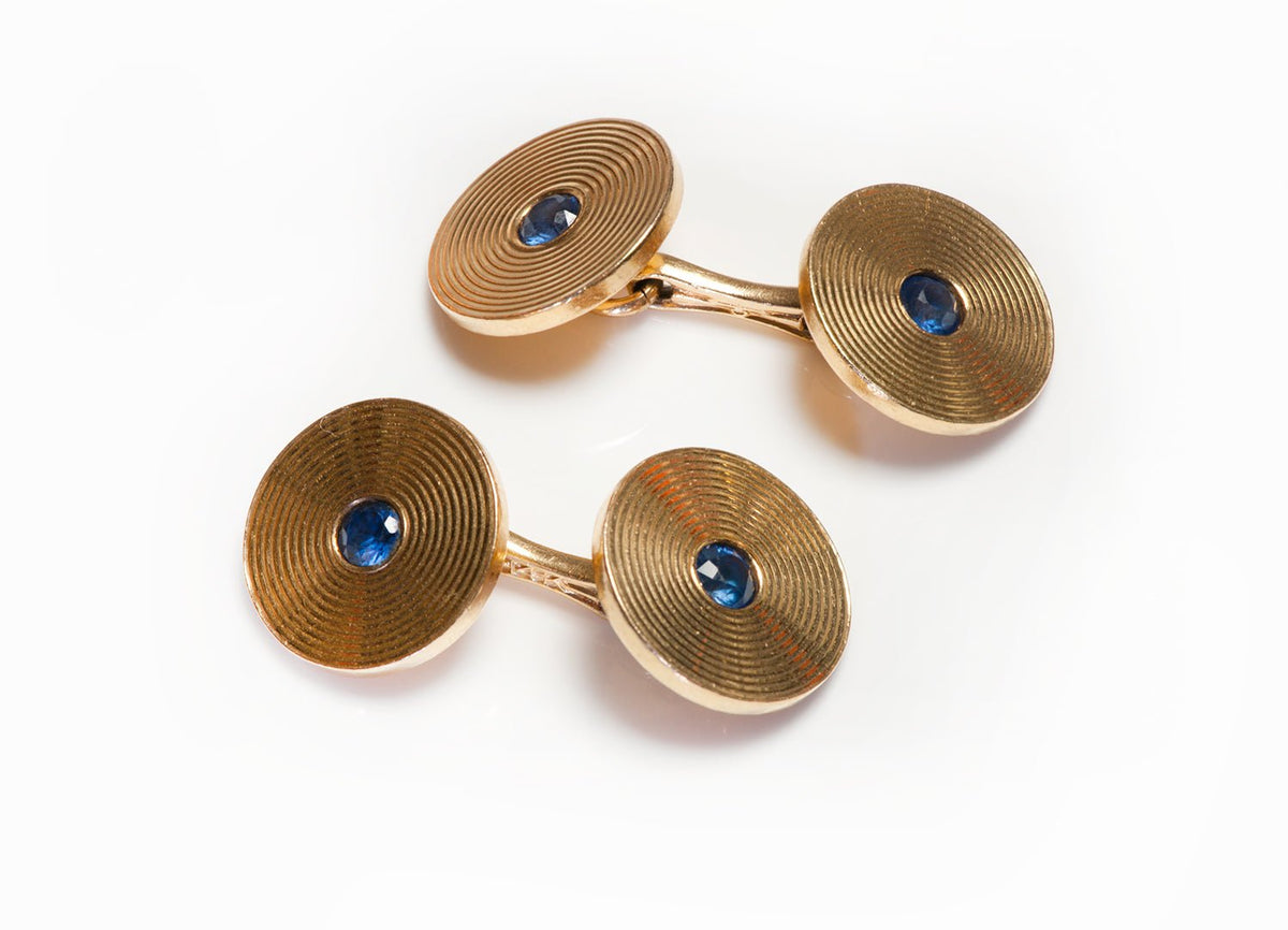 Boutons De Manchette Vintage Dorés Et Bleus - Occasion En Bon état (ref 111416)