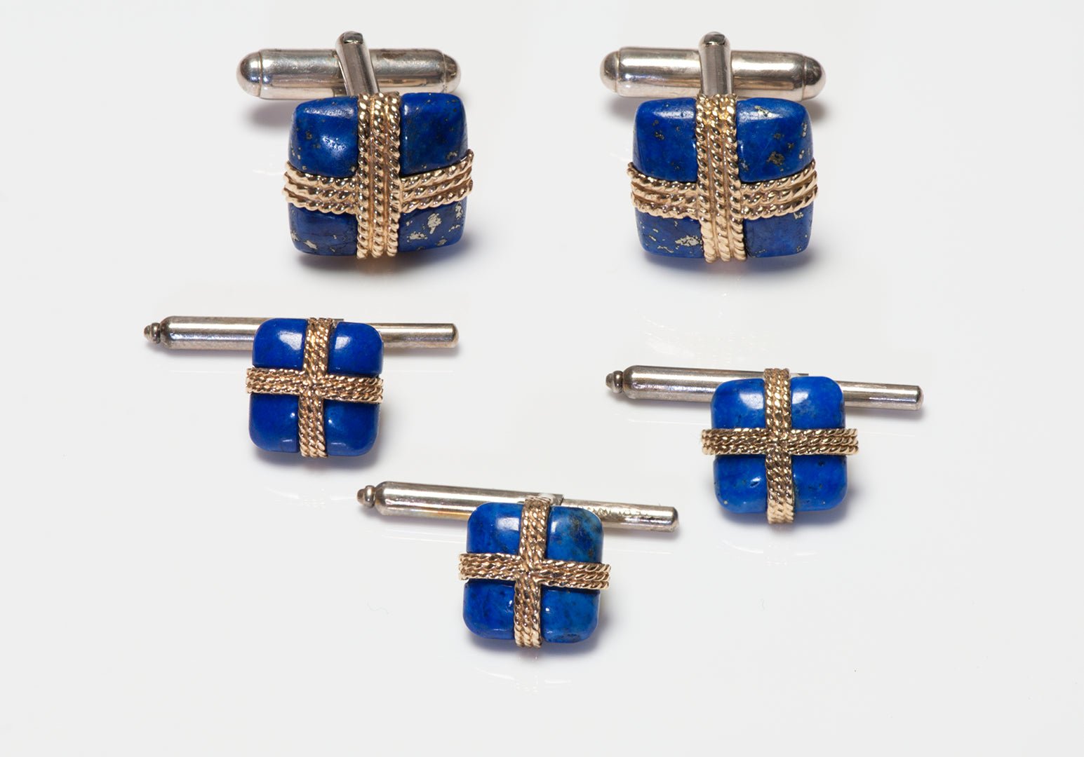 Tiffany & Co. Gold Silver Lapis Cufflink & Stud Set
