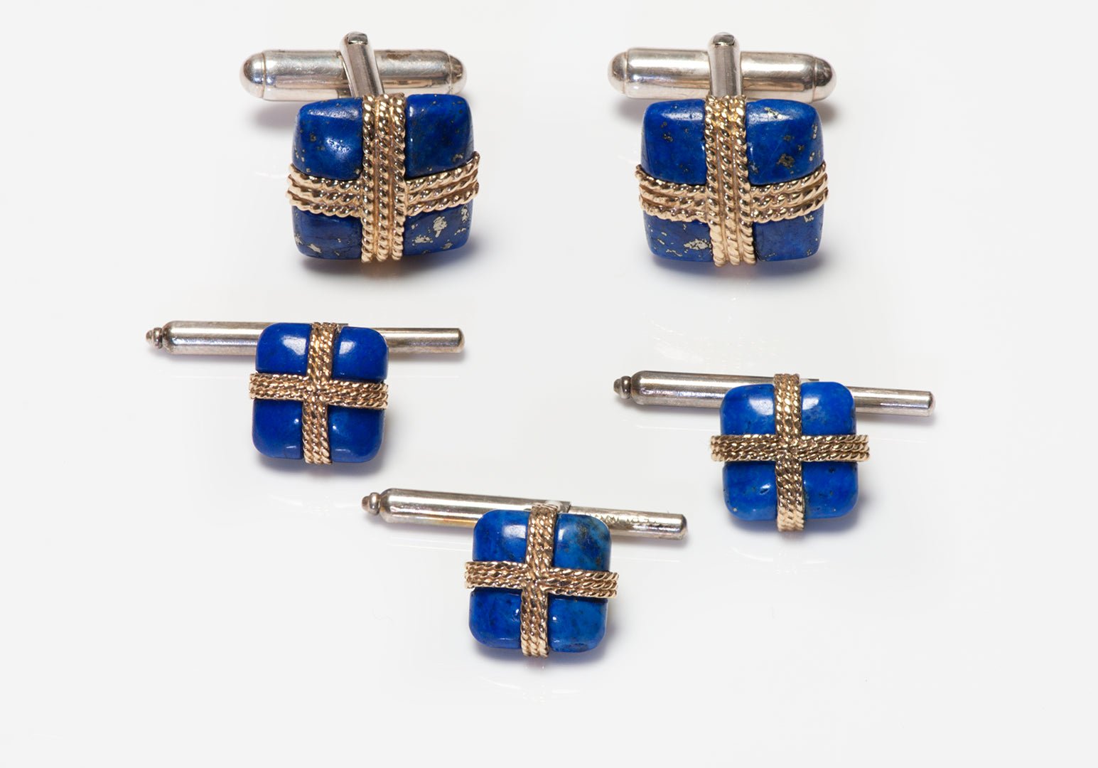 Tiffany & Co. Gold Silver Lapis Cufflink & Stud Set