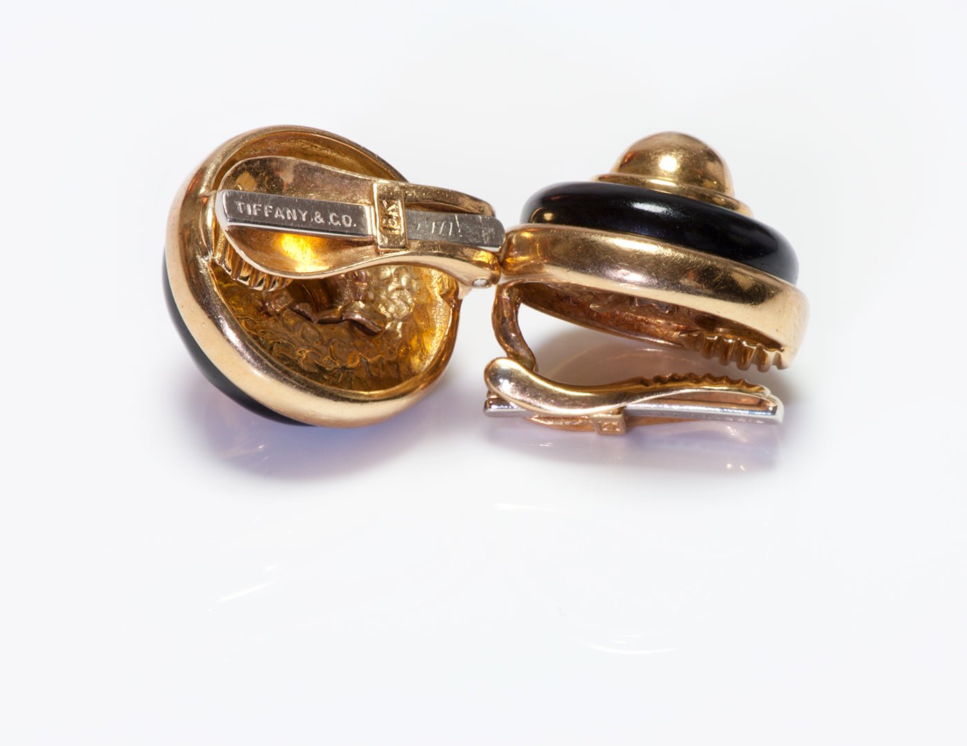 Tiffany & Co. Onyx 18K Gold Button Dome Clip Earrings
