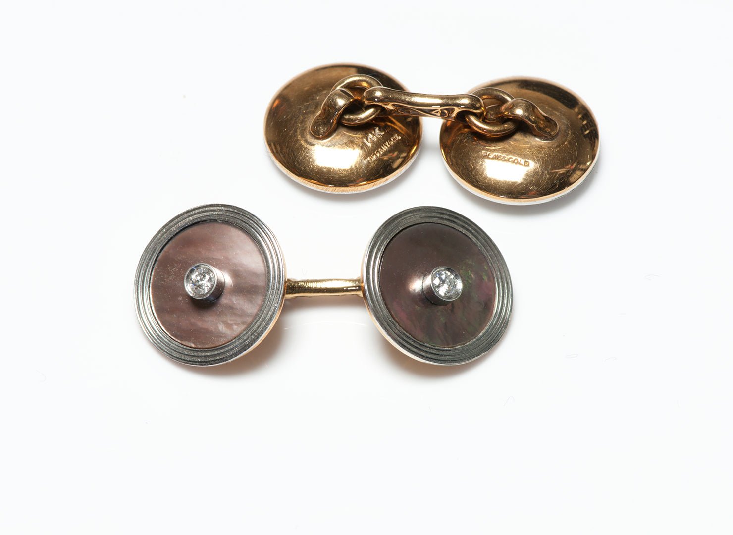 Tiffany & Co. Platinum Gold Diamond Grey Mother of Pearl Cufflink Stud Set