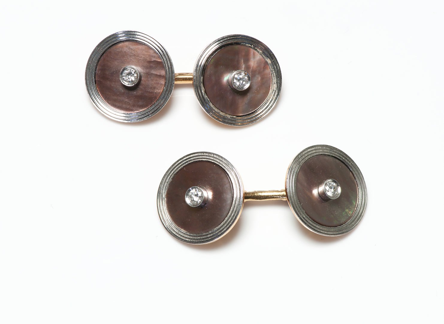 Tiffany & Co. Platinum Gold Diamond Grey Mother of Pearl Cufflink Stud Set