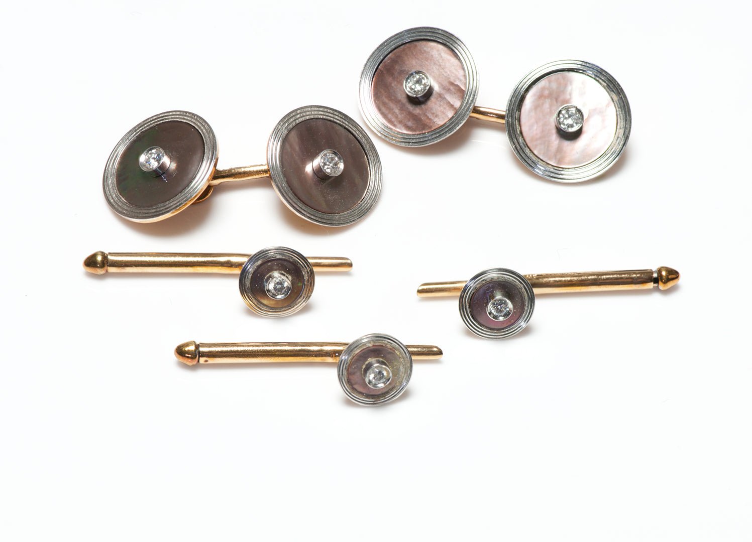 Tiffany & Co. Platinum Gold Diamond Grey Mother of Pearl Cufflink Stud Set