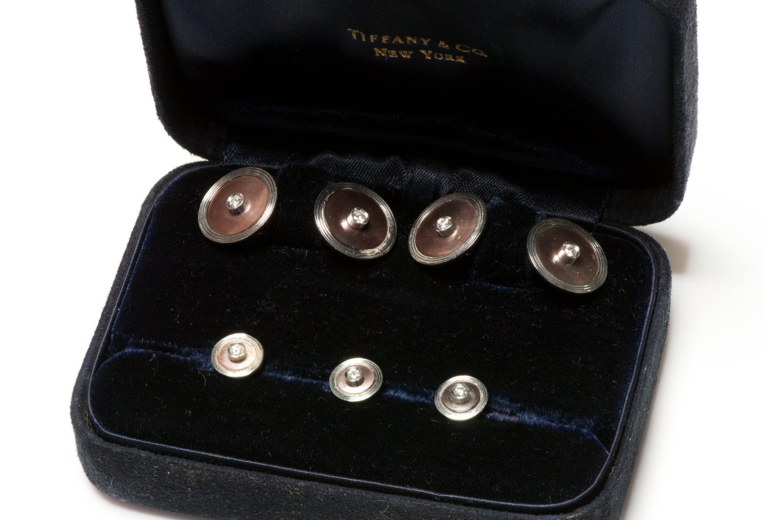 Tiffany & Co. Platinum Gold Diamond Grey Mother of Pearl Cufflink Stud Set