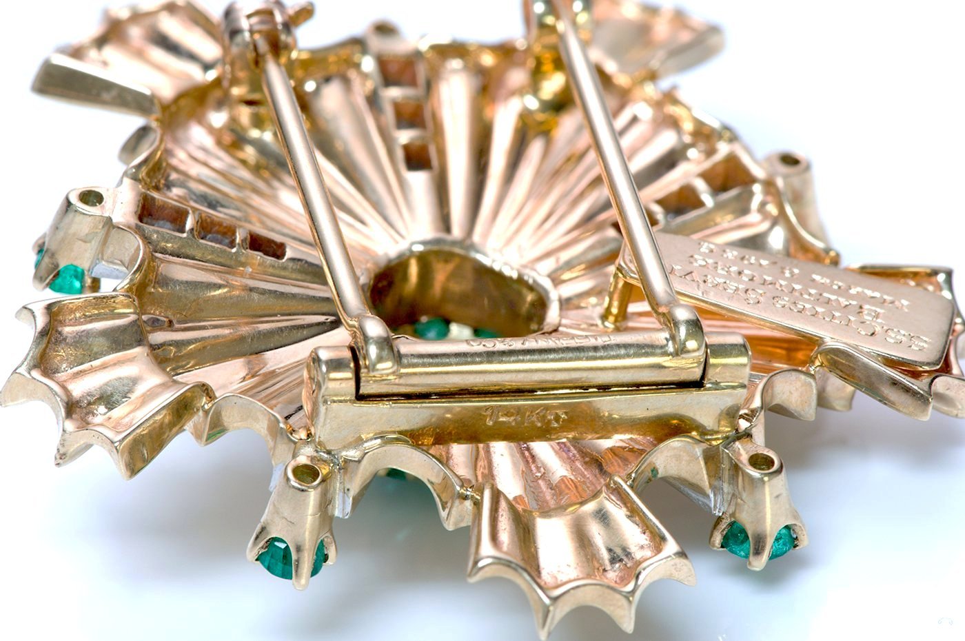 Tiffany & Co. Retro Starburst Emerald Diamond 14K Gold Pin Brooch