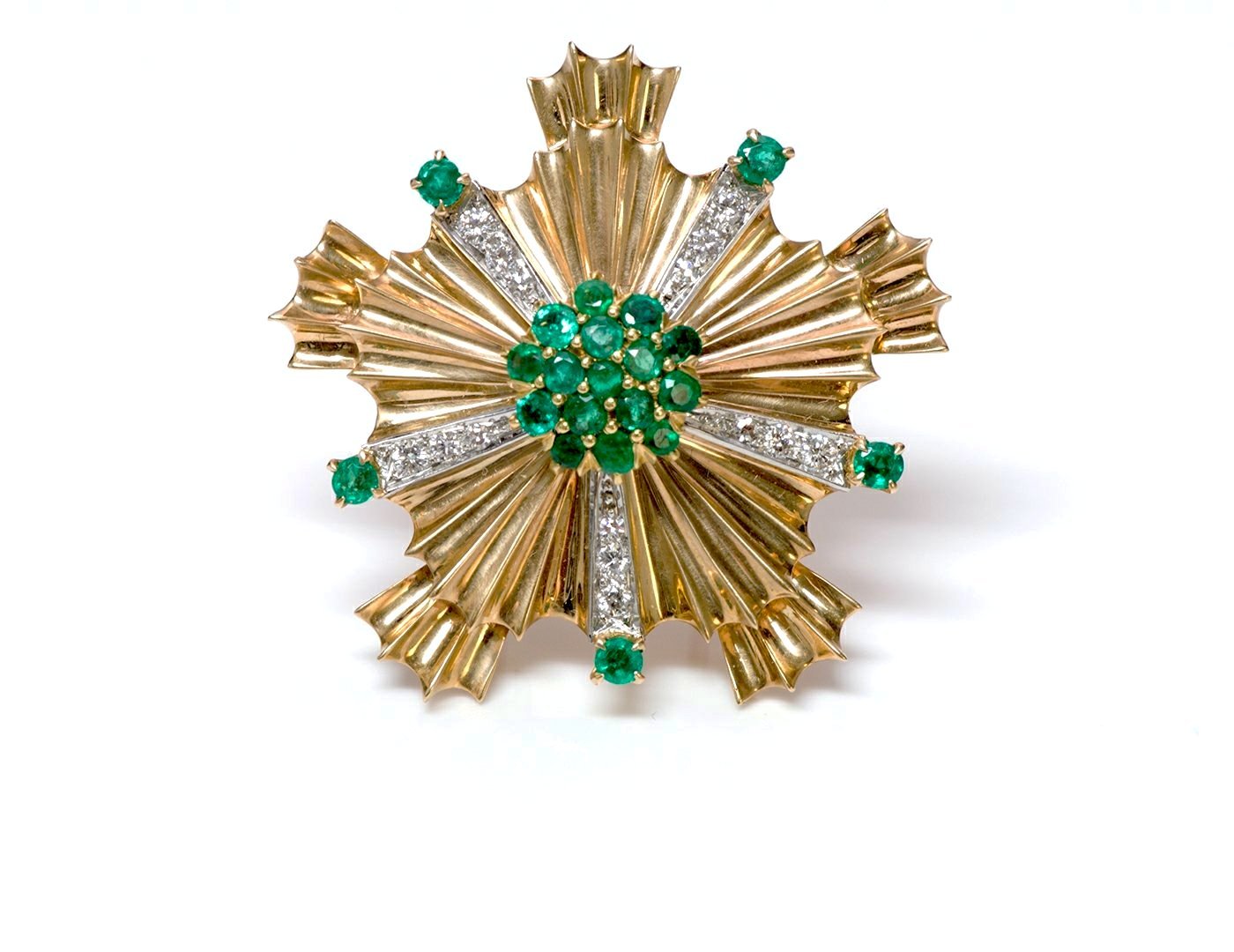 Tiffany & Co. Retro Starburst Emerald Diamond 14K Gold Pin Brooch
