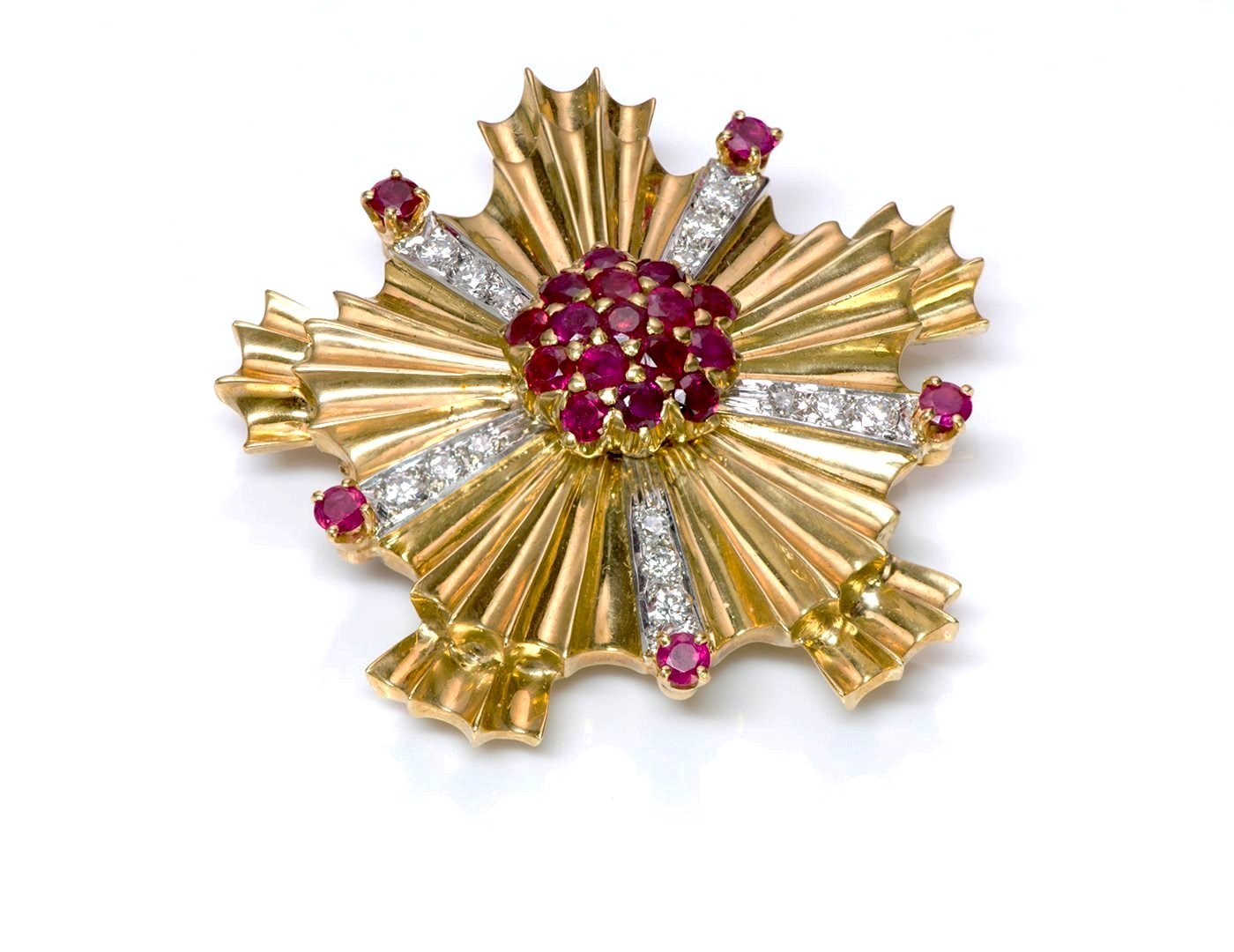 Tiffany & Co. Retro Starburst Ruby Diamond 18K Gold Pin Brooch
