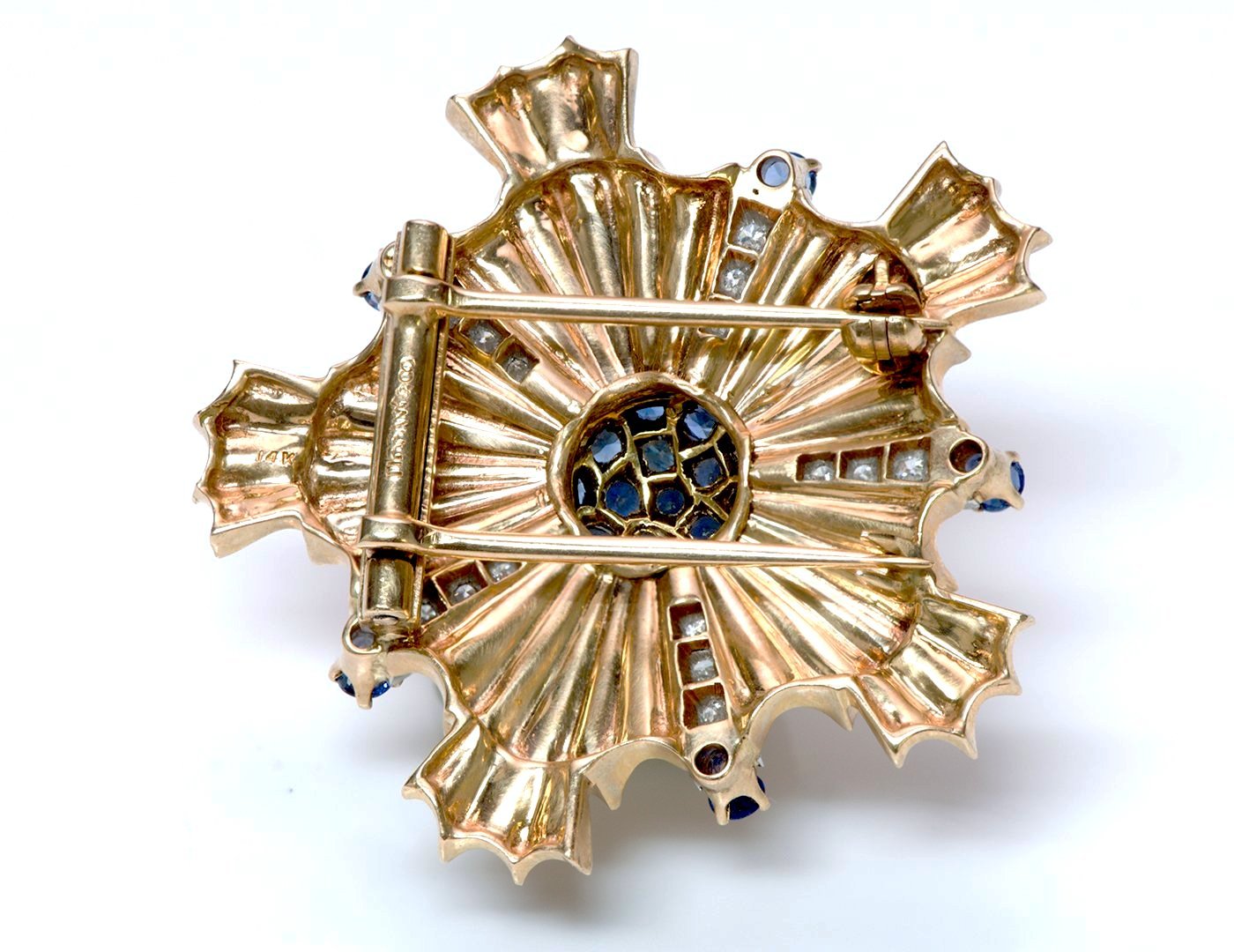 Tiffany & Co. Retro Starburst Sapphire Diamond 14K Gold Pin Brooch