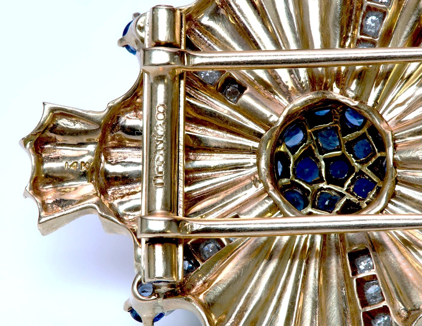 Tiffany & Co. Retro Starburst Sapphire Diamond 14K Gold Pin Brooch