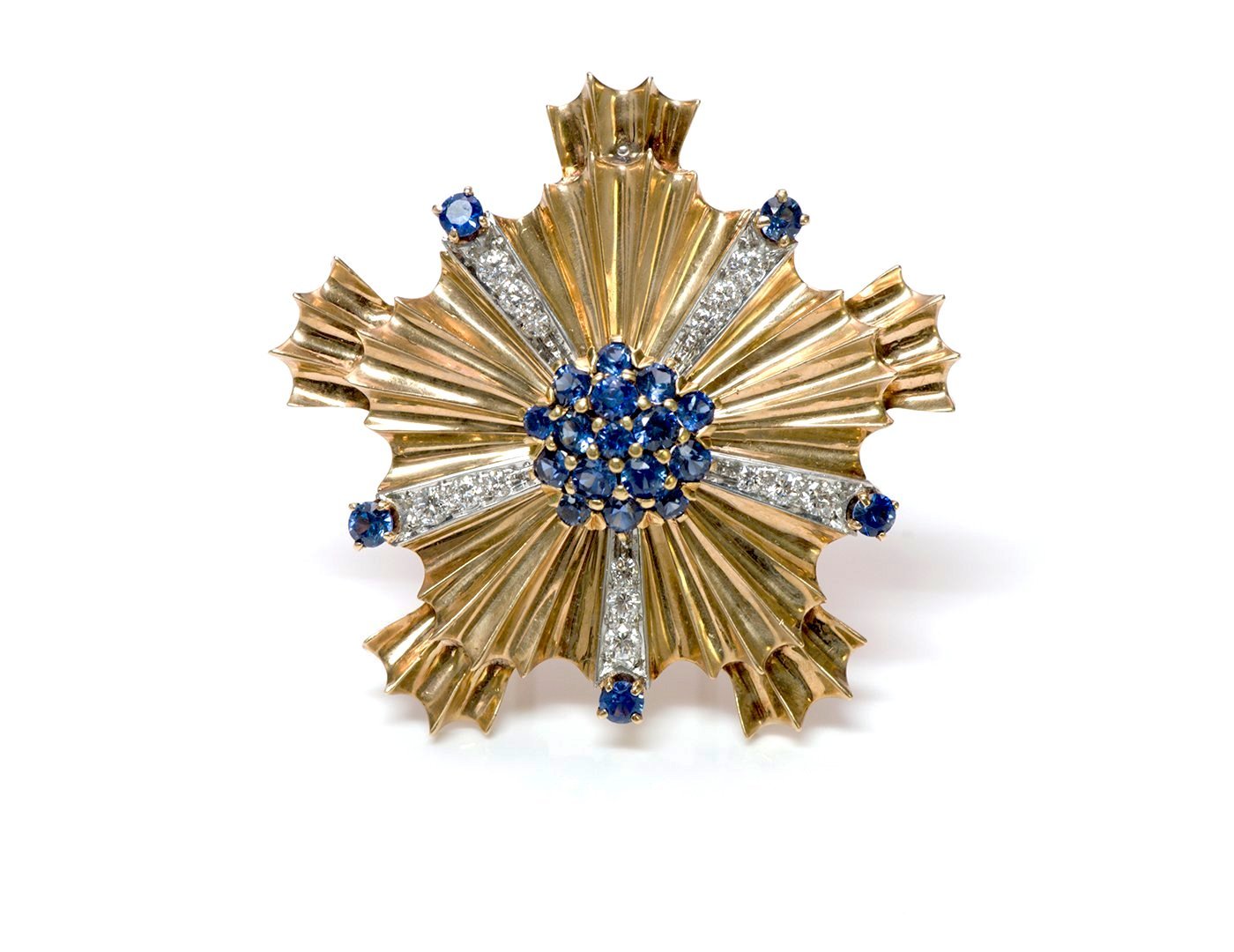 Tiffany & Co. Retro Starburst Sapphire Diamond 14K Gold Pin Brooch