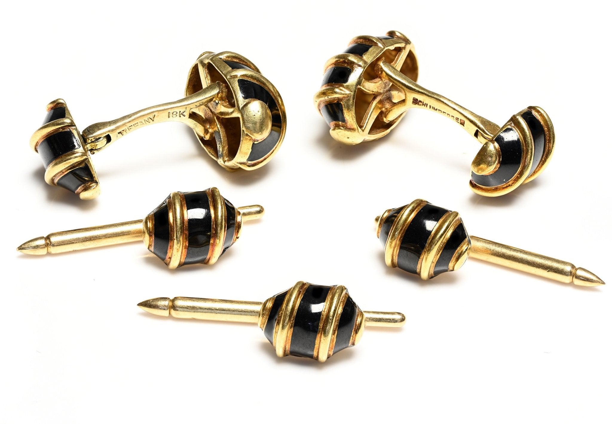 Tiffany & Co. Schlumberger 18K Gold Black Enamel Cufflink Stud Set