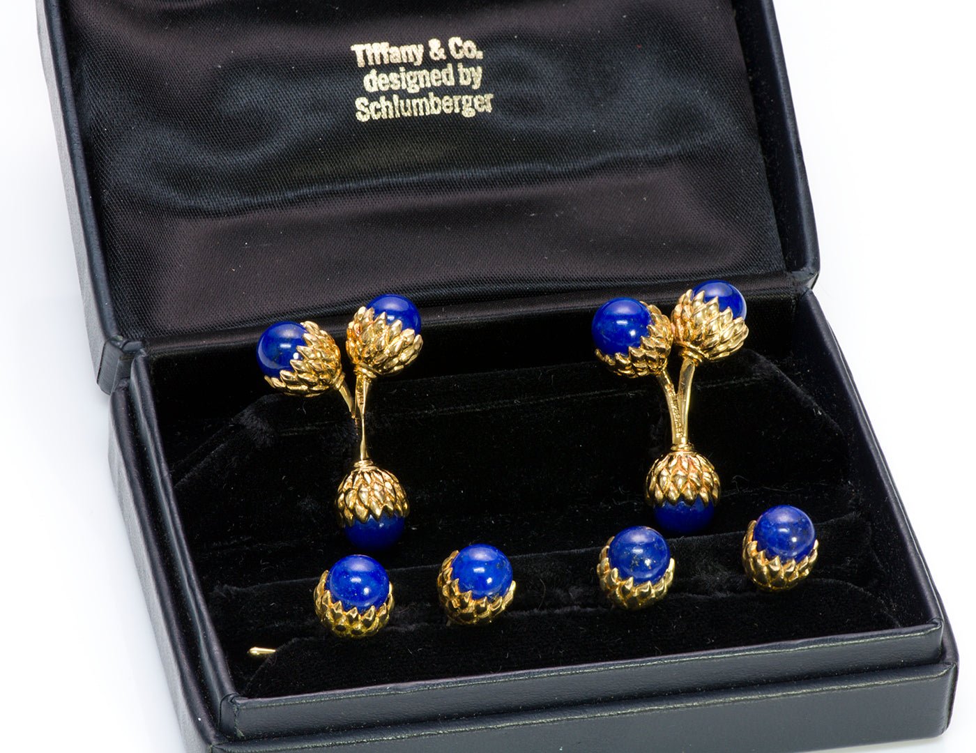 Tiffany & Co. Schlumberger Double Acorn Lapis 18K Gold Cufflink Stud Set