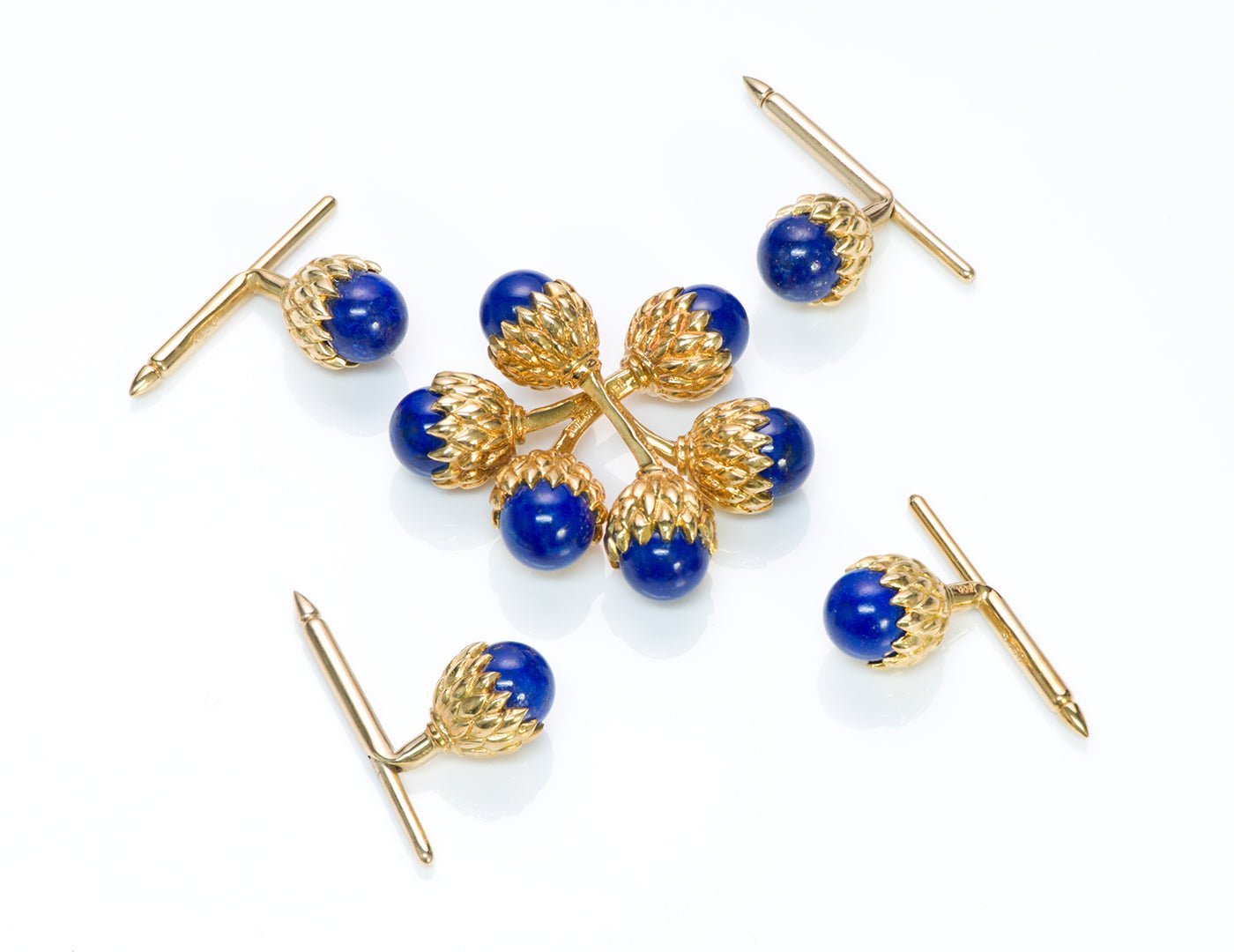 Tiffany & Co. Schlumberger Double Acorn Lapis 18K Gold Cufflink Stud Set