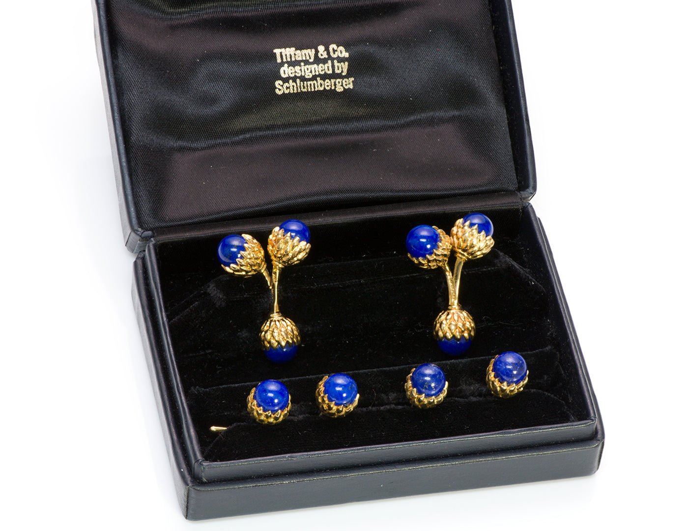 Tiffany & Co. Schlumberger Double Acorn Lapis 18K Gold Cufflink Stud Set