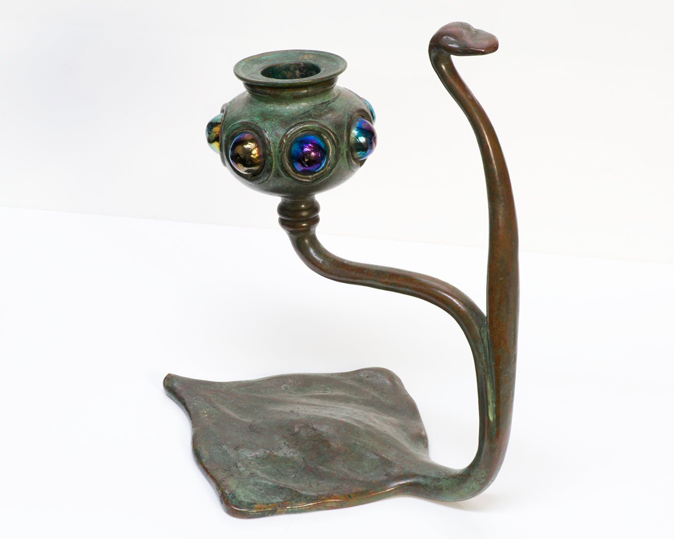 Tiffany Studios Bronze Iridescent Glass Candlestick