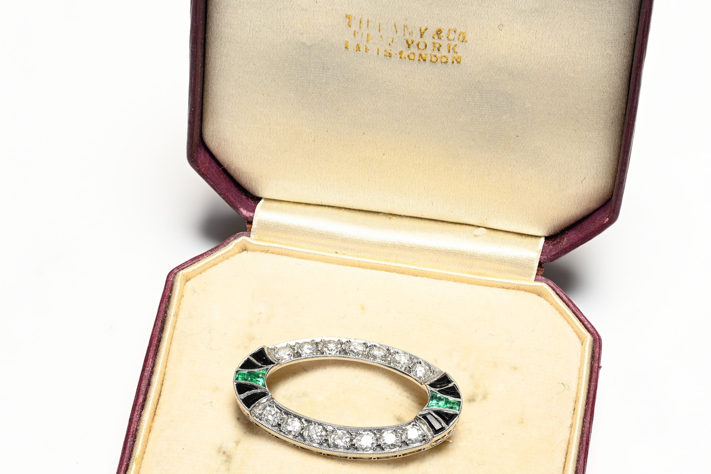 Art Deco Tiffany & Co. Platinum Gold Diamond Emerald Onyx Brooch